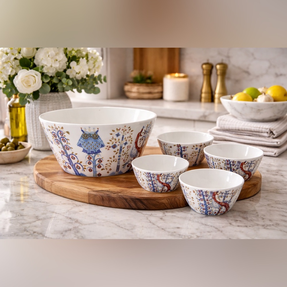 ✨ Iittala Taika Owl Bowl Set – Large White & Blue Serveware (Set of 8) ✨